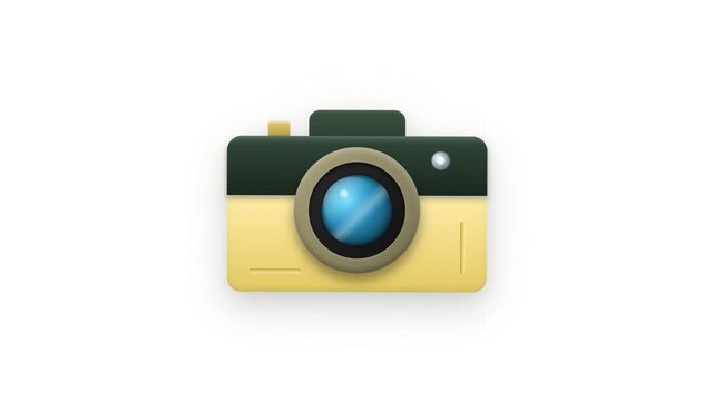 Retro camera icon with blue lens against a white background