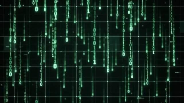 Digital Rain of Code: An abstract representation of cascading binary code in glowing green against a dark, grid-like background, evoking the essence of data flow and digital information.