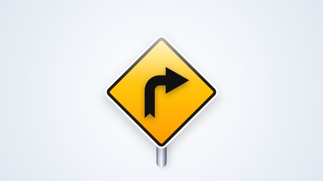 Yellow warning sign with a black arrow indicating a right turn