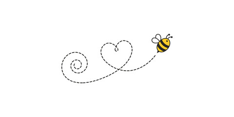 Flying bee illustration with dashed heart flight path for romantic nature designs and garden themed greeting cards. © akash