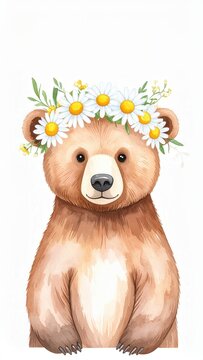 Baby bear with daisy flower crown watercolor style illustration of woodland animal for nursery decor and children book design