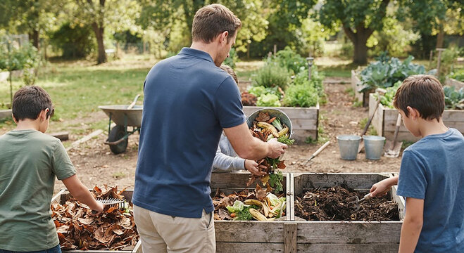 Father and two sons composting garden waste in backyard bin