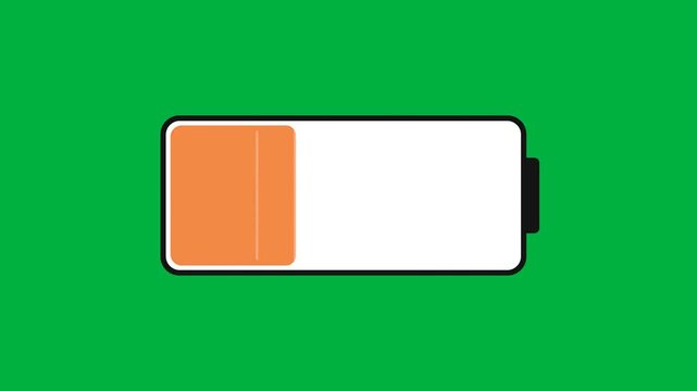 Battery charge animation from low red to full green power level with lightning bolt on green screen, seamless loop charging and discharge indicator element