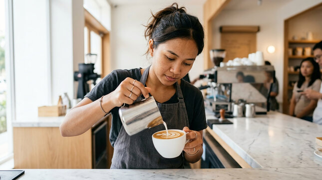 A focused Asian female barista skillfully pouring fresh steamed milk into a white coffee cup to create a heart pattern latte art in a cafe.
