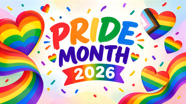 Colorful pride month 2026 celebration poster with hearts and confetti