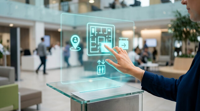 Business professional using an advanced interactive holographic touch screen interface for navigation in a modern high-tech corporate office lobby environment.
