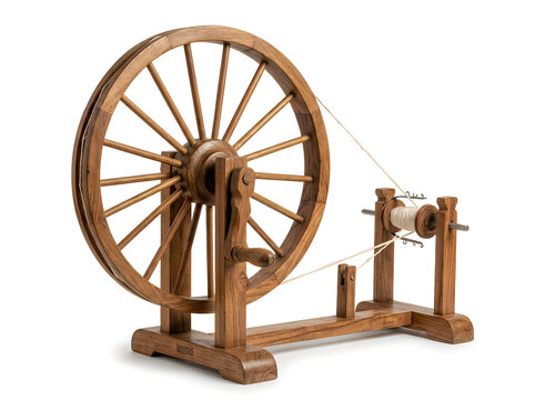 Antique wooden spinning wheel with spool and thread isolated on white background, traditional textile craft equipment