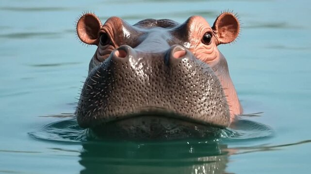 A large hippopotamus emerges from the calm blue river water surface