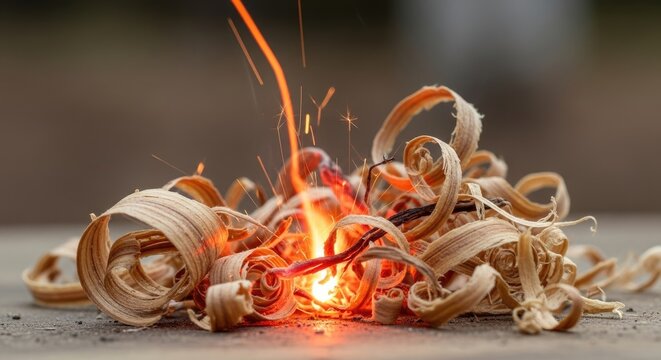 A close-up shot captures a small fire burning within a pile of shredded wood. Bright orange flames dance and flicker, sending sparks spiraling upwards.