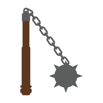 Medieval Flail Weapon with Spiked Metal Ball and Wooden Handle on White Background