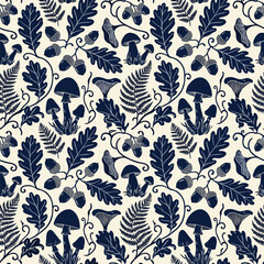 Fototapeta premium Seamless Vintage Woodland Botanical Pattern with Mushrooms, Oak Leaves, and Acorns in Navy Blue