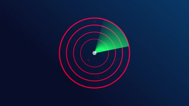 Futuristic Radar Scanning Interface with Concentric Red Circles, Green Sweeping Beam, and Glowing Points on a Dark Blue Background