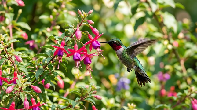 Vibrant hummingbird hovering near blooming pink fuchsia flowers capturing a delicate feeding moment in nature