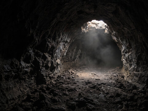 Daylight entering a dark volcanic lava tube through an opening