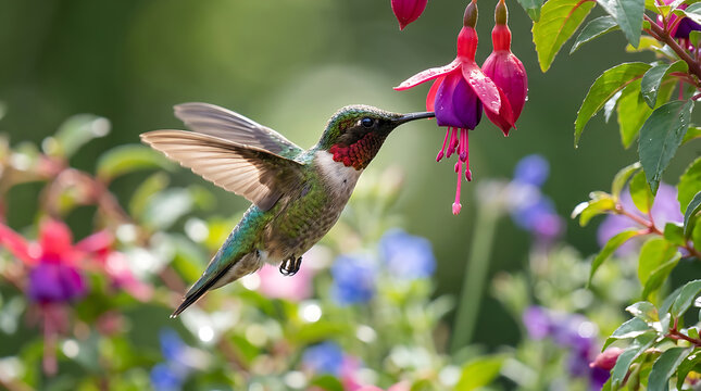 Vibrant ruby throated hummingbird hovering gracefully while feeding on bright pink fuchsia flowers outdoors