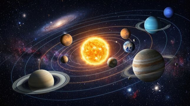 A vibrant illustration depicts our solar system, showcasing the Sun at its center and the planets orbiting around it in their respective paths.
