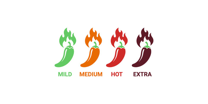 Fiery chili peppers in vibrant shades of green, orange, red, and extra dark red for indicating spice levels.