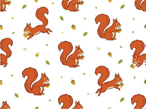 Seamless squirrel pattern with cute hand drawn vector illustrations of forest animals and acorns for autumn nursery textile design