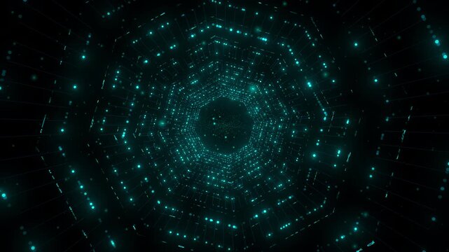 Futuristic green glowing digital tunnel animation showcasing high-speed data stream transfer and cyber network connectivity for sci-fi motion graphics.