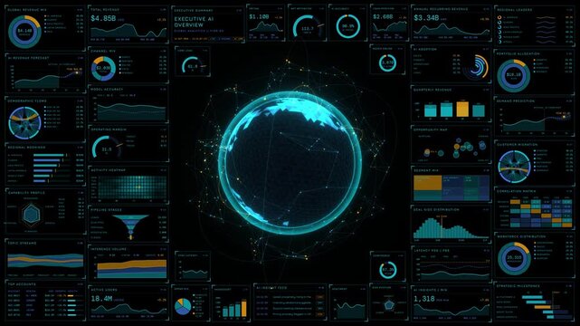 Futuristic global data analytics dashboard with glowing digital globe