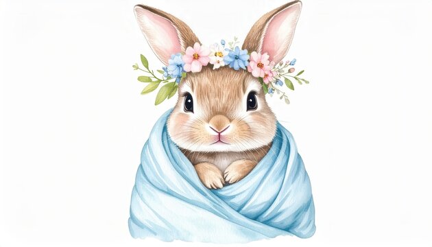 Easter bunny with flower crown watercolor illustration of baby rabbit wrapped in blue blanket for spring holiday greeting cards and nursery wall art