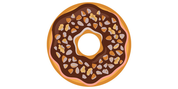 Delicious chocolate glazed donut topped with crunchy chopped almonds and walnuts in a circular shape.