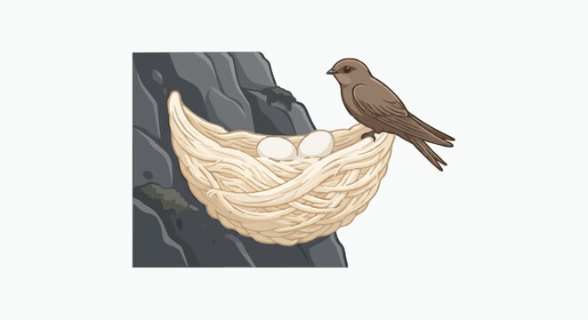 edible bird's nest on a cliff face with eggs and a swiftlet bird in a vector illustration
