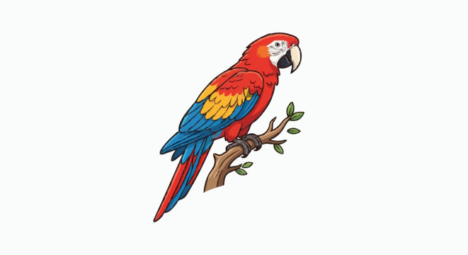 colorful macaw parrot perched on a tree branch isolated on a white background