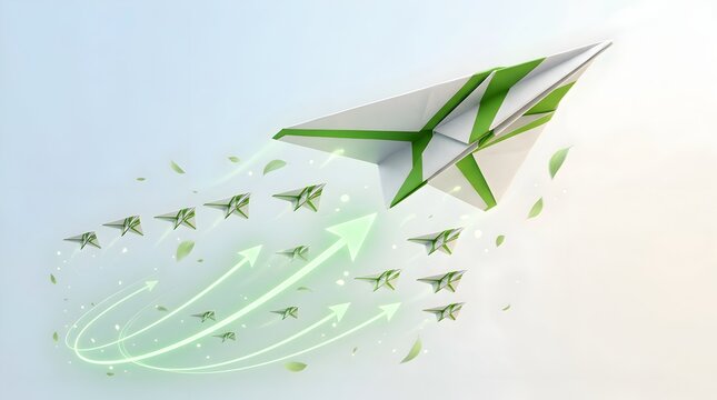 Leadership and Growth Concept with Group of Paper Origami Airplanes Flying Upward in the Sky with Green Glowing Arrows and Leaves Symbolizing Sustainable Success and Environmental Innovation