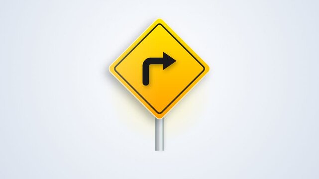 Diamond shape yellow warning sign with a black arrow indicating a turn