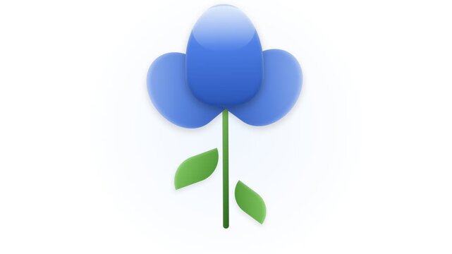 Stylized blue flower with green stem and leaves on a white background, simple design.