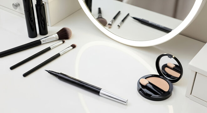 A vanity table displays various makeup items. A mirror reflects the scene.
