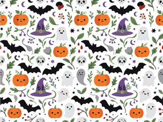 Fototapeta premium Seamless Halloween pattern with cute pumpkins ghosts bats and witch hats in flat vector style for festive wallpaper and textile design