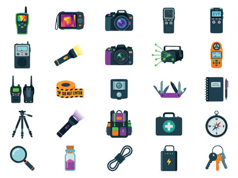 Paranormal investigation and ghost hunting equipment set flat vector icons including camera emf meter and thermal imaging tools