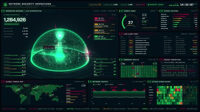 Network security operations dashboard with threat monitoring and cyber defense