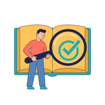 A person using a magnifying glass to inspect a checkmark symbol inside an open book
