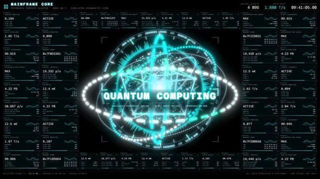 Quantum computing dashboard interface with data graphs and mainframe core