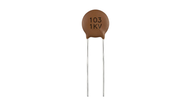 A brown ceramic disc capacitor with metallic leads isolated on transparent background, ideal for electronics and circuit design projects