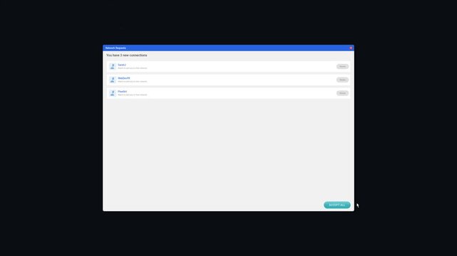 Social network user interface animation showing new connection requests list on screen.