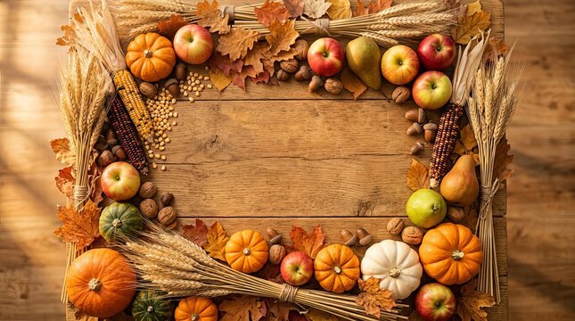 Autumn harvest frame with pumpkins apples and wheat ears on rustic wooden background offering copy space for thanksgiving greetings and fall designs.