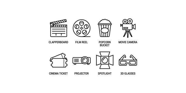 Movie industry black outline icons set vector design, clapperboard, film reel, popcorn, camera, tickets.