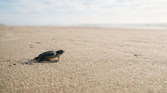 A small turtle crawls across a sandy beach towards the ocean. The turtle is moving slowly and deliberately, navigating the wet sand.