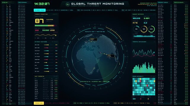 Global cyber threat monitoring dashboard with world map and data HUD