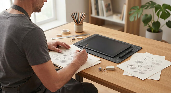 Artist sketching on paper with digital tablet at a minimalist desk