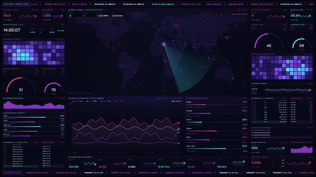 Cybersecurity operations center dashboard with global threat map and analytics