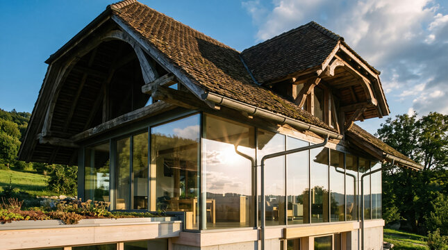Traditional timber house with glass wall and tiled roof in green hillside setting