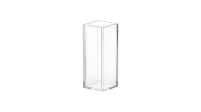 A clear glass rectangular cuvette featuring smooth transparent walls and polished edges, ideal for scientific laboratory testing and chemical analysis