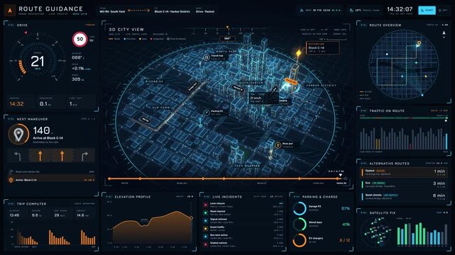 Futuristic car navigation dashboard with 3D city map and telemetry