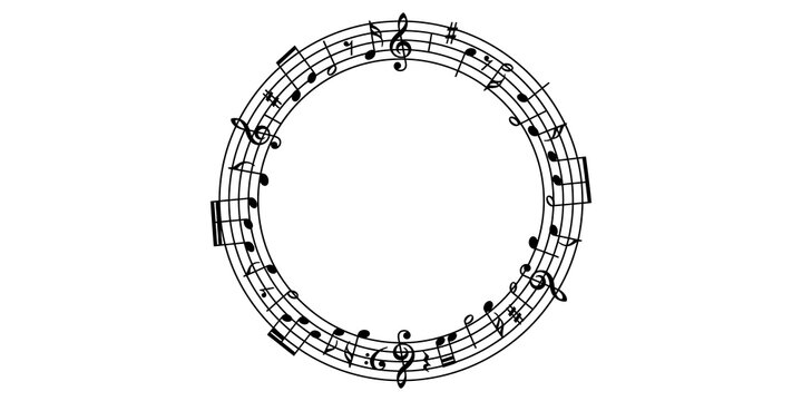 Circular musical notation stave border frame featuring black musical notes and treble clef for artistic project decor.