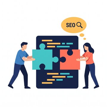 Man and woman connecting puzzle pieces to optimize website search engine performance and digital marketing strategy